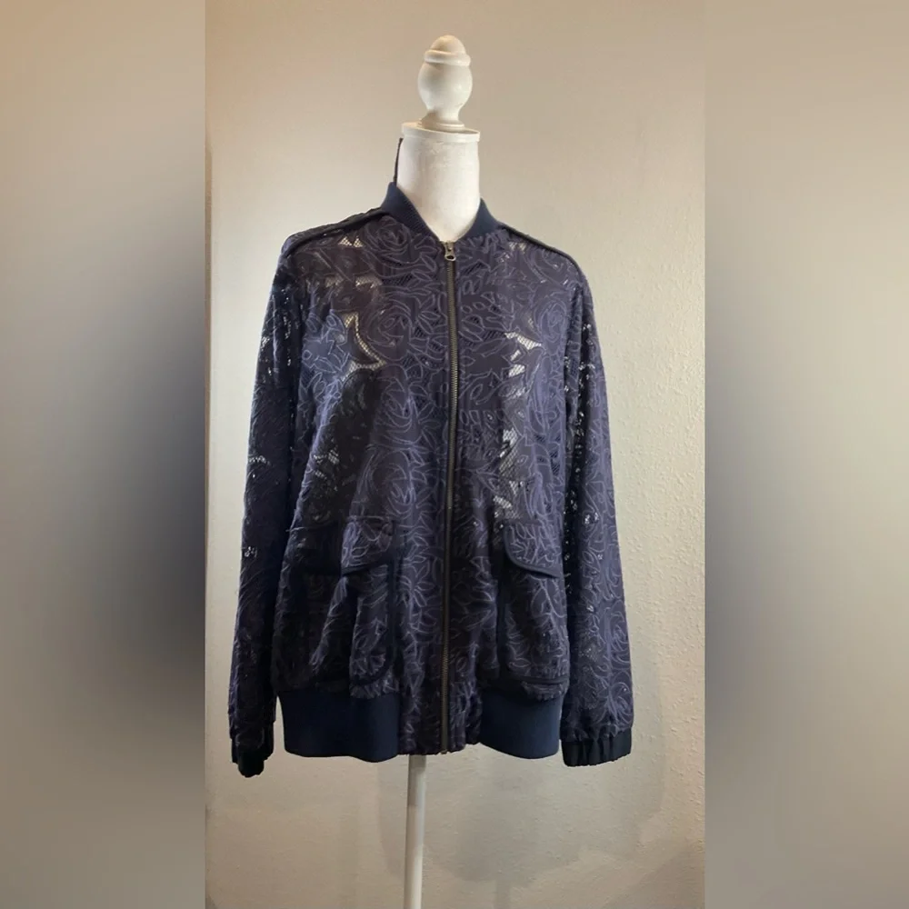 Anthropologie Elevenses Navy Blue Lace Bomber Jacket - Picture 7 of 16